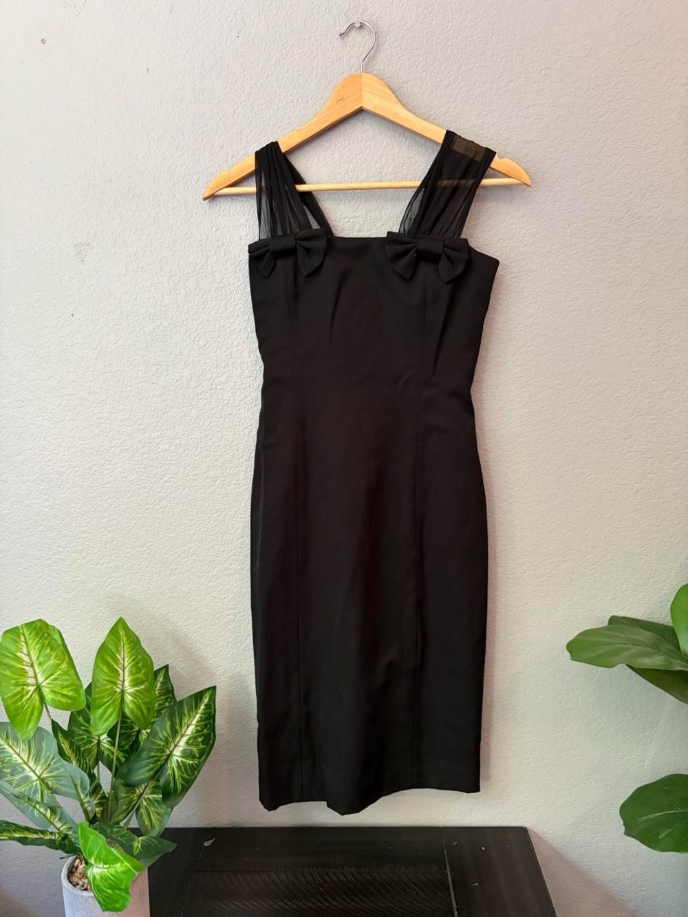 NWT Betsey Johnson Black Midi Sheath Dress with Bow-Strap Detail